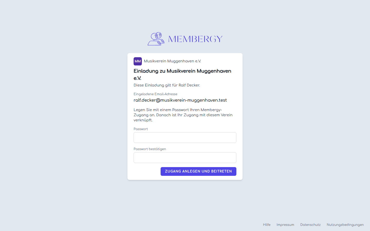 Einladungsseite mit Verein, Person und Feldern für das neue Passwort